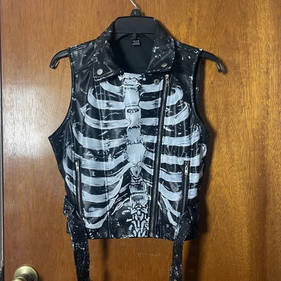 Skeleton Print Black Leather Vest (sz L) - Picture 1 of 14